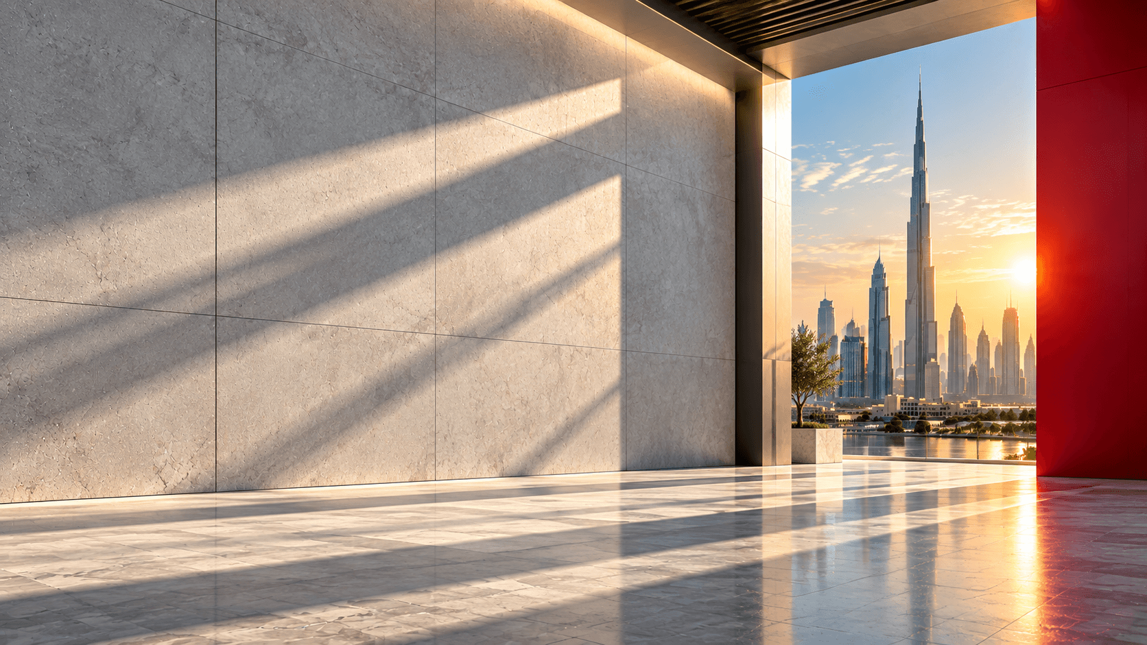 A sunlit concrete gateway framing the Burj Khalifa