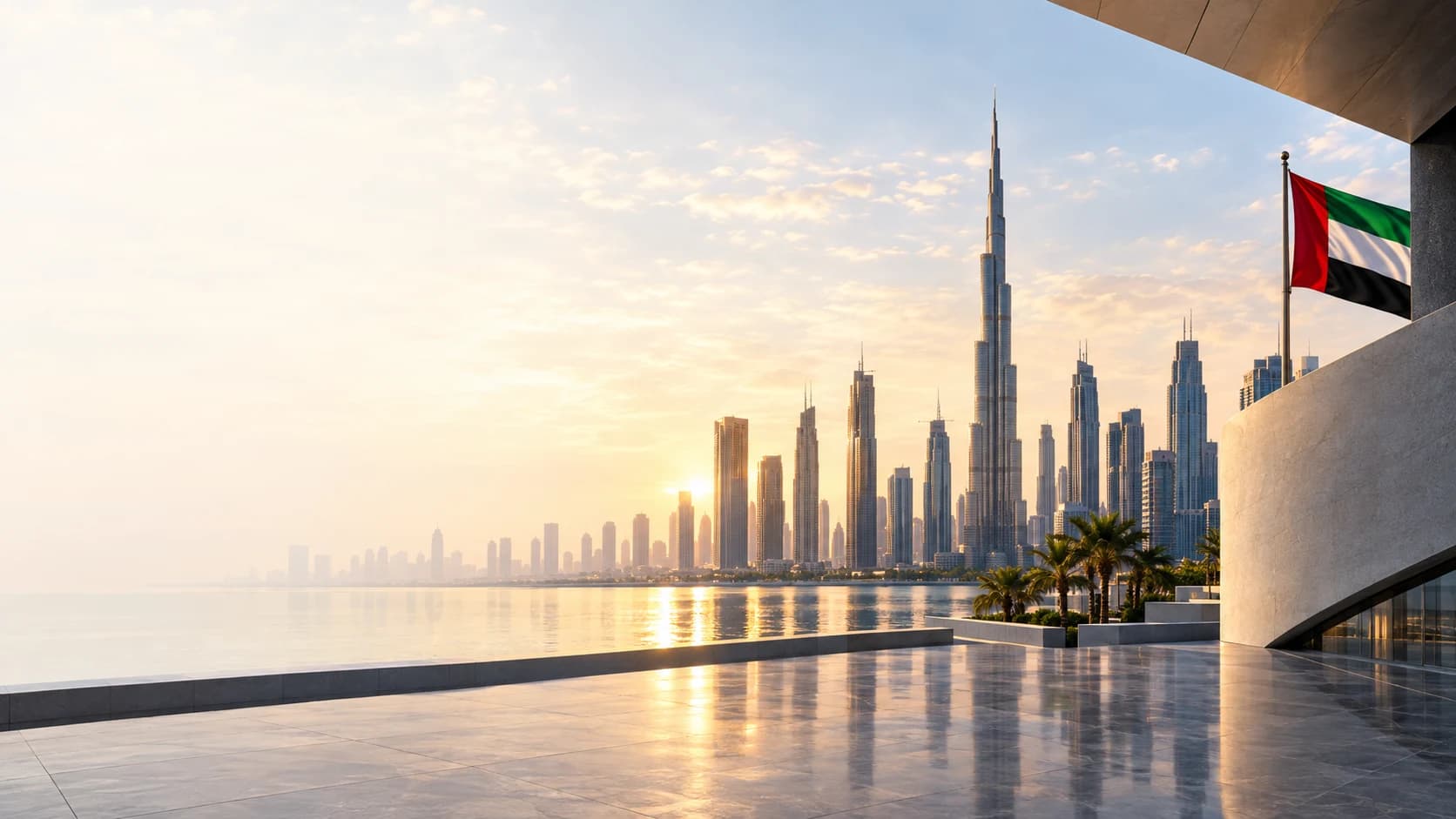Dubai skyline and Burj Khalifa from a sunlit architectural terrace